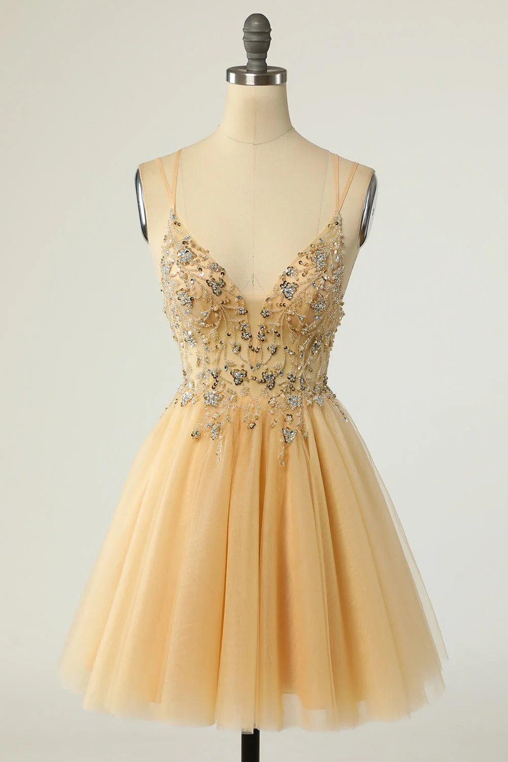 HEULORIA Sparkly Silver-Grey Beaded Tulle Short Prom Dress - Illusion Deep V-Neck & Double Spaghetti Straps ED-305