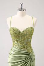 HEULORIA Sparkling Army Green Lace Corset Mini Dress - Ruched Satin Spaghetti Strap Cocktail Party Gown ED-322