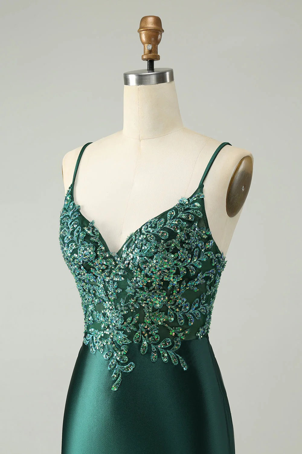 HEULORIA Emerald Green Sequin Lace Bodice Satin Mini Dress - V-Neck Spaghetti Strap Cocktail Party Gown ED-289