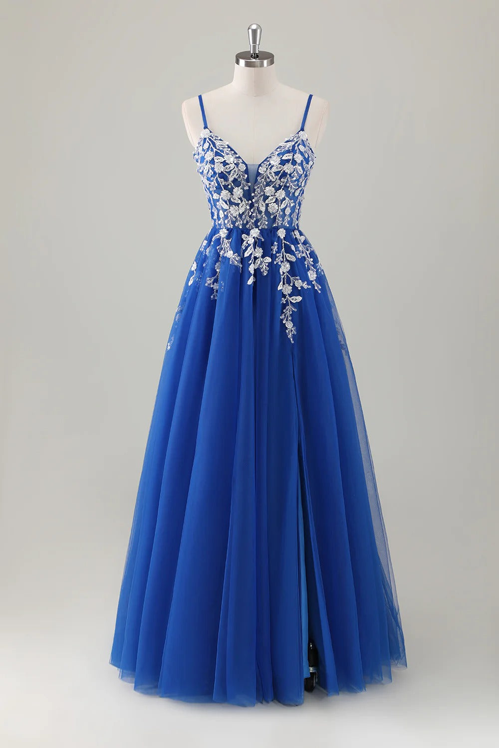 HEULORIA Enchanting 3D Floral Applique V-Neck Tulle A-Line Prom Dress - Corset Back Formal Gown ED-341