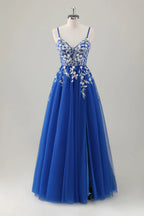 HEULORIA Enchanting 3D Floral Applique V-Neck Tulle A-Line Prom Dress - Corset Back Formal Gown ED-341