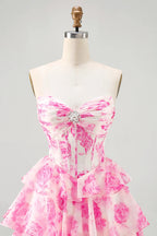 HEULORIA Enchanting Floral Print Strapless Tiered Ruffle Mini Dress - Corset Bodice with Crystal Brooch ED-291