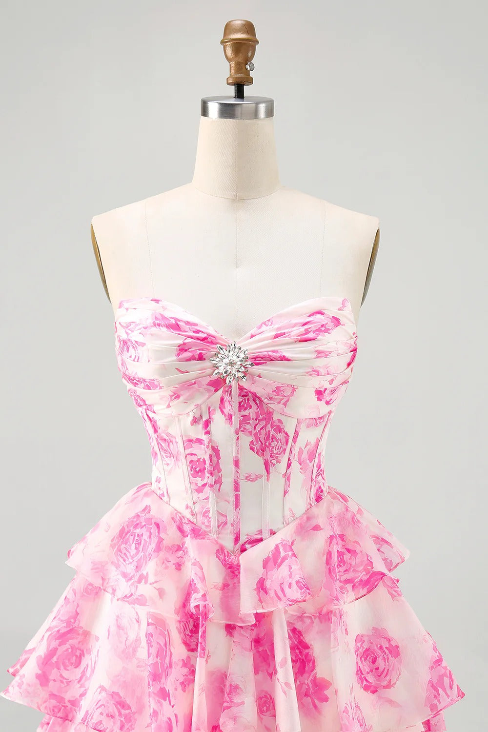 HEULORIA Enchanting Floral Print Strapless Tiered Ruffle Mini Dress - Corset Bodice with Crystal Brooch ED-291