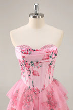 HEULORIA Strapless Sweetheart Floral Corset Mini Dress with Tiered Ruffle Skirt ED-280