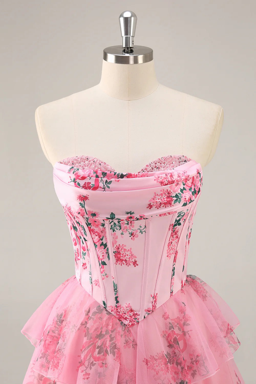 HEULORIA Strapless Sweetheart Floral Corset Mini Dress with Tiered Ruffle Skirt ED-280