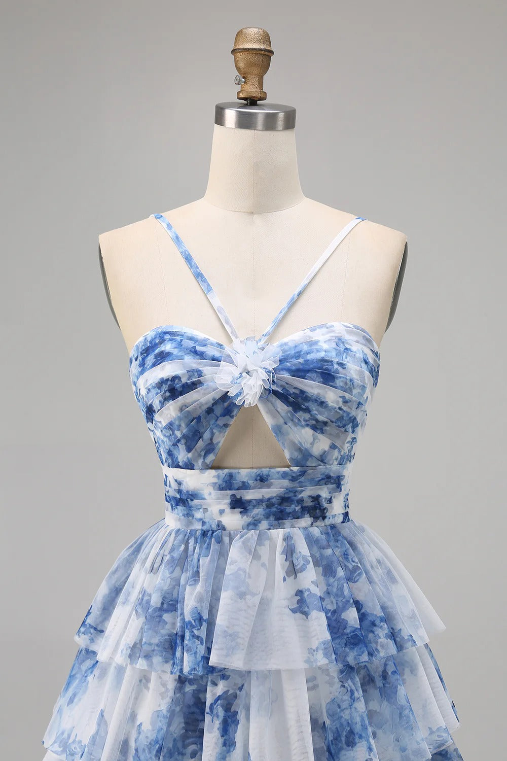HEULORIA 3D Floral Accent Tiered Tulle Mini Dress - Sweetheart Halter Cutout Cocktail Dress ED-313