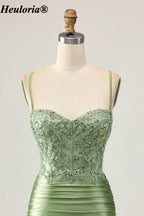 HEULORIA Sage Green Beaded Lace Corset Satin Mini Homecoming Dress with Lace-Up Back ED-304