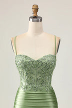 HEULORIA Sage Green Sequin Lace Corset Homecoming Dress - Ruched Satin Spaghetti Strap Mini Gown ED-304