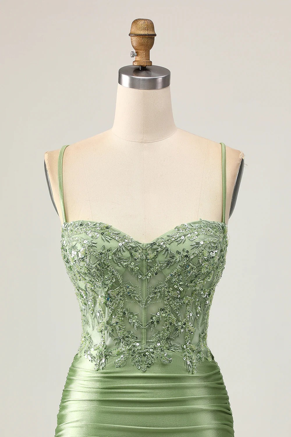 HEULORIA Sage Green Sequin Lace Corset Homecoming Dress - Ruched Satin Spaghetti Strap Mini Gown ED-304