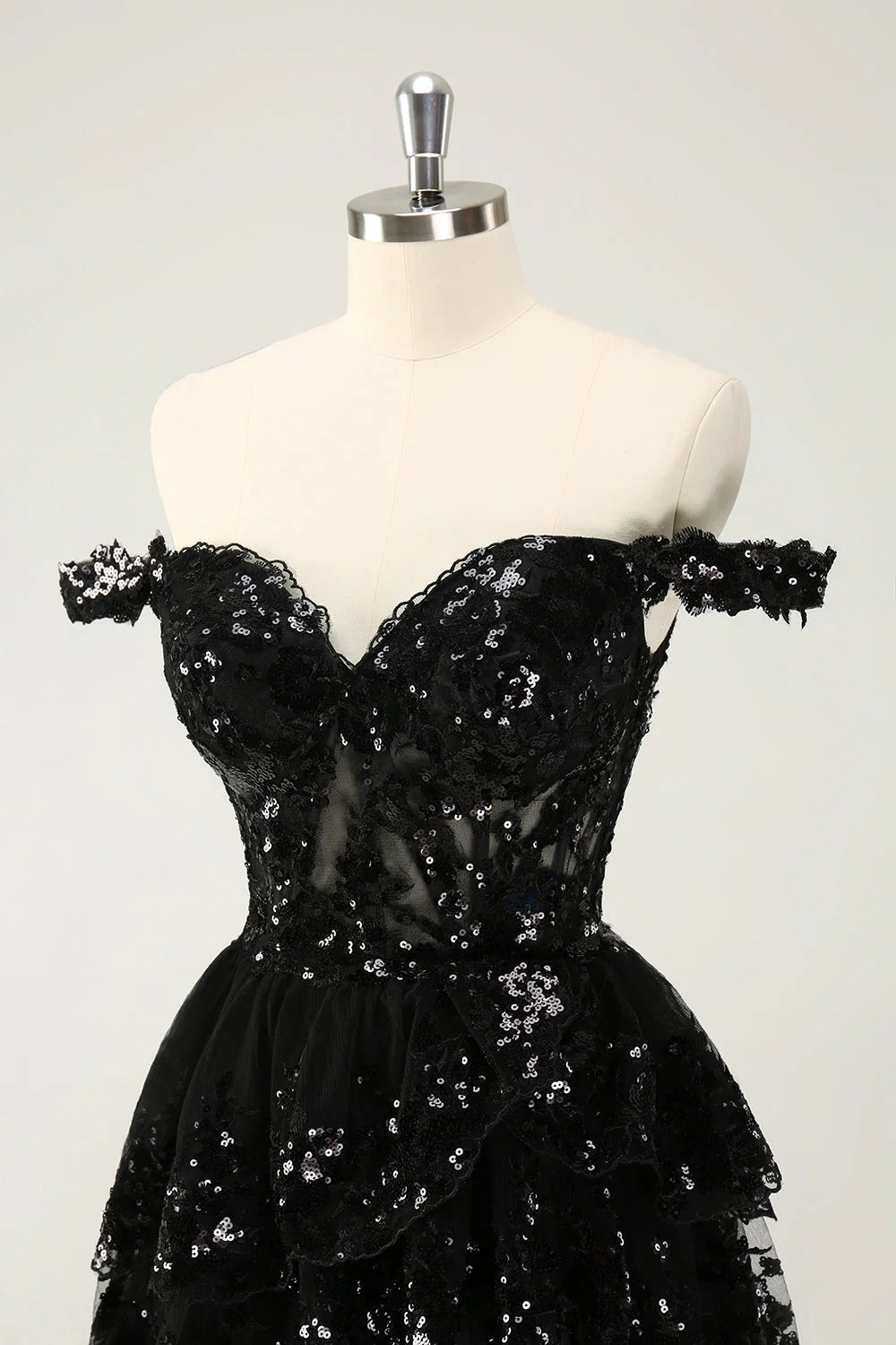 HEULORIA Champagne Off-the-Shoulder Sequin Tiered Mini Dress - Corset Bodice Party & Homecoming Dress ED-277