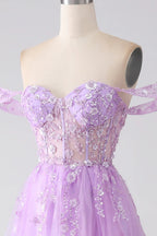 HEULORIA Lilac Off-The-Shoulder Sweetheart Prom Dress with 3D Floral Appliques & Corset Bodice ED-338