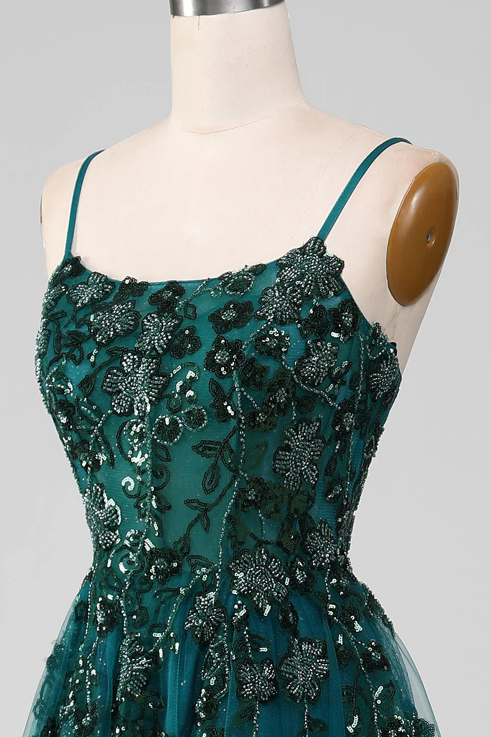 HEULORIA Elegant Dark Green Sequin Floral Prom Dress - Spaghetti Straps & Glitter Tulle A-Line Gown ED-339