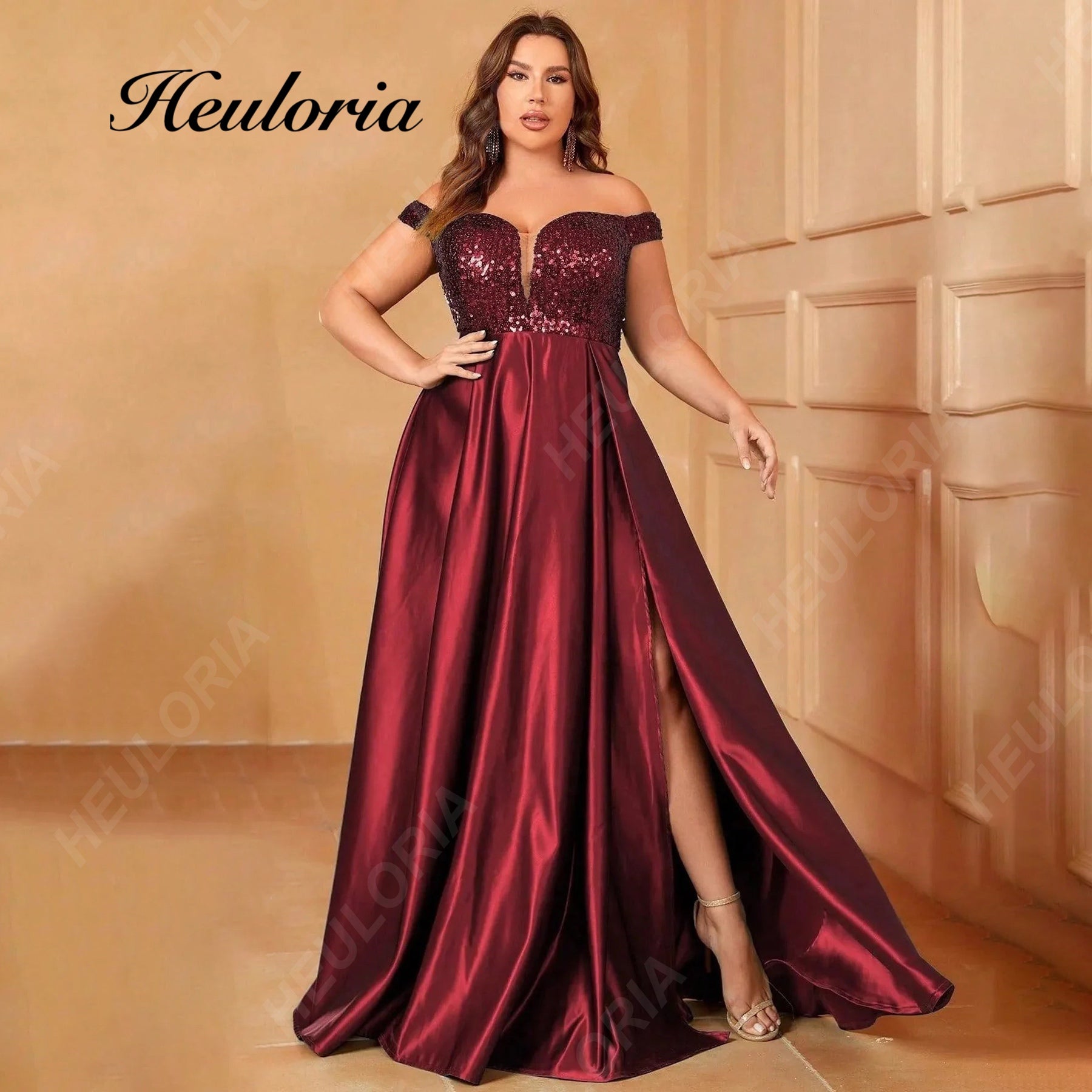 HEULORIA Plus Size Off-the-Shoulder Sequin Bodice Satin Evening Gown with Thigh Slit ED-383