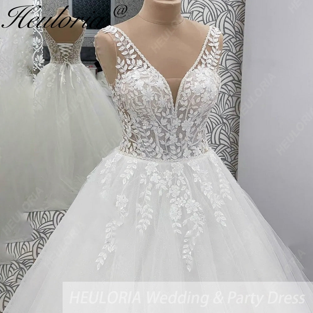 Heuloria Leafy Floral Lace V-Neck Wedding Dress: Shimmering Glitter Tulle A-Line Gown with Corset Back AL-970