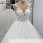 Heuloria Leafy Floral Lace V-Neck Wedding Dress: Shimmering Glitter Tulle A-Line Gown with Corset Back AL-970