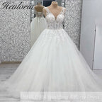 Heuloria Leafy Floral Lace V-Neck Wedding Dress: Shimmering Glitter Tulle A-Line Gown with Corset Back AL-970
