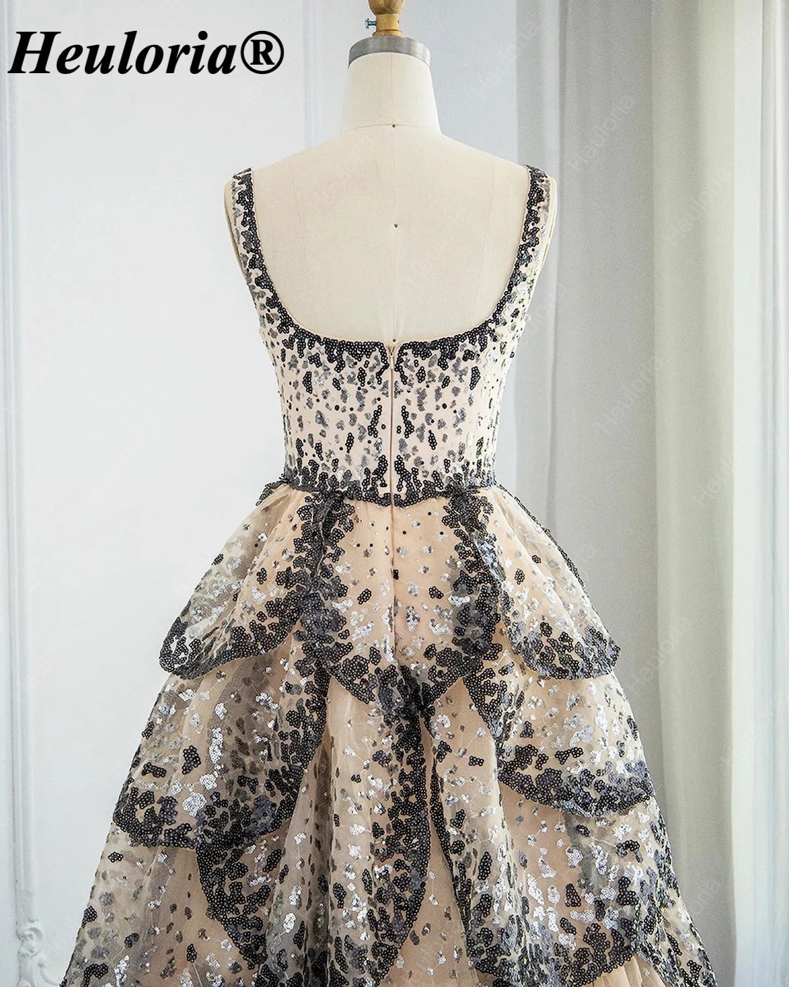 Champagne Black & Silver Sequin Square Neck Tiered Evening Dress ED-589