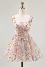 HEULORIA Sparkly Floral Embroidered Mini Homecoming Dress with Corset Bodice and Lace-up Back ED-598