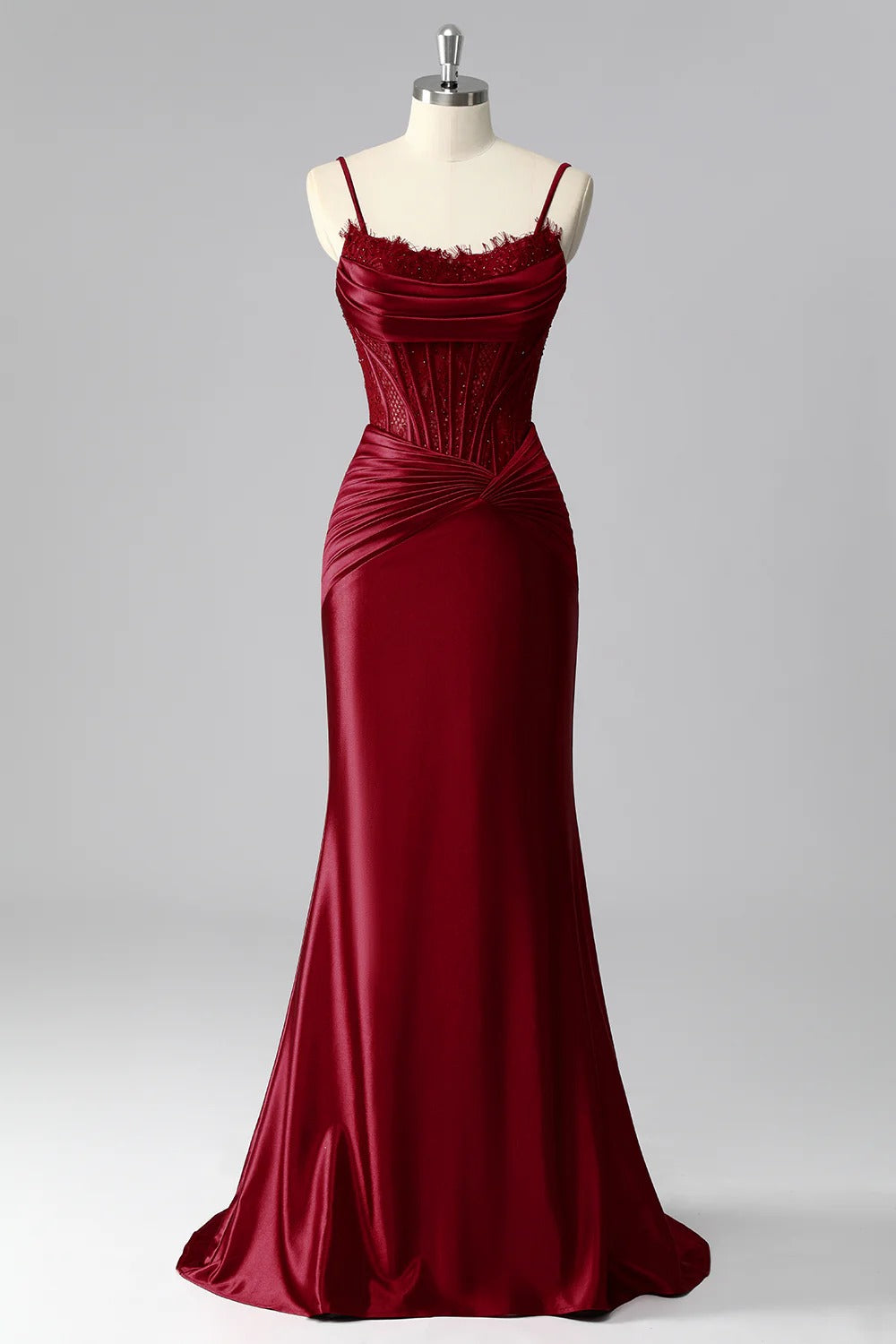 HEULORIA Elegant Burgundy Satin Mermaid Evening Dress with Beaded Corset Bodice and Lace-Up Back ED-578