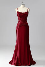 HEULORIA Elegant Burgundy Satin Mermaid Evening Dress with Beaded Corset Bodice and Lace-Up Back ED-578