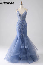HEULORIA Dusty Blue Lace Mermaid Prom Dress with Tiered Tulle Skirt ED-346