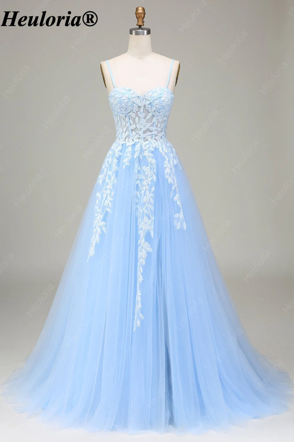 HEULORIA Sky Blue Lace Applique A-Line Tulle Prom Dress with Spaghetti Straps ED-348