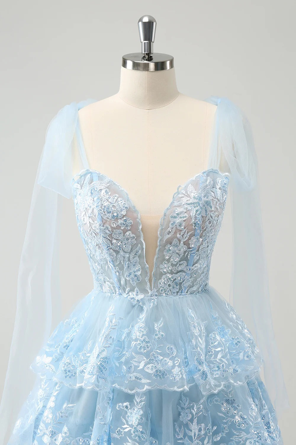 HEULORIA Sky Blue Floral Lace Tiered Mini Party Dress with Tulle Shoulder Streamers ED-593