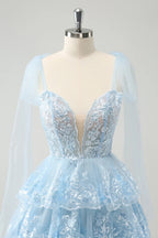HEULORIA Sky Blue Floral Lace Tiered Mini Party Dress with Tulle Shoulder Streamers ED-593
