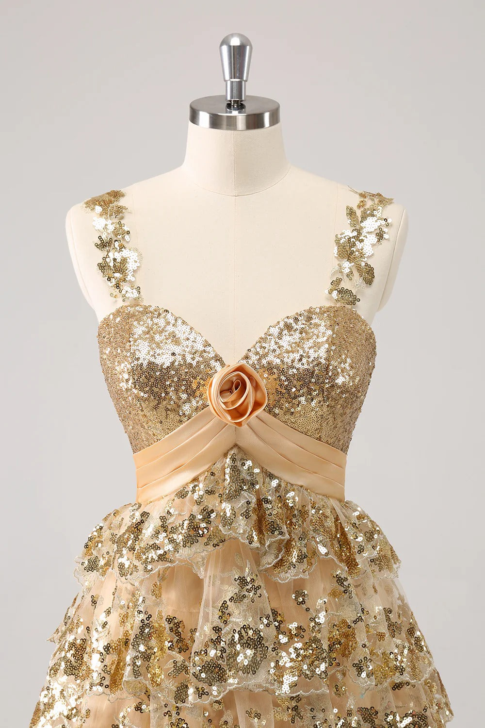 HEULORIA Sparkling Gold Tiered Sequin Mini Dress with Sweetheart Neckline and Rosette Detail ED-594