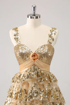 HEULORIA Sparkling Gold Tiered Sequin Mini Dress with Sweetheart Neckline and Rosette Detail ED-594
