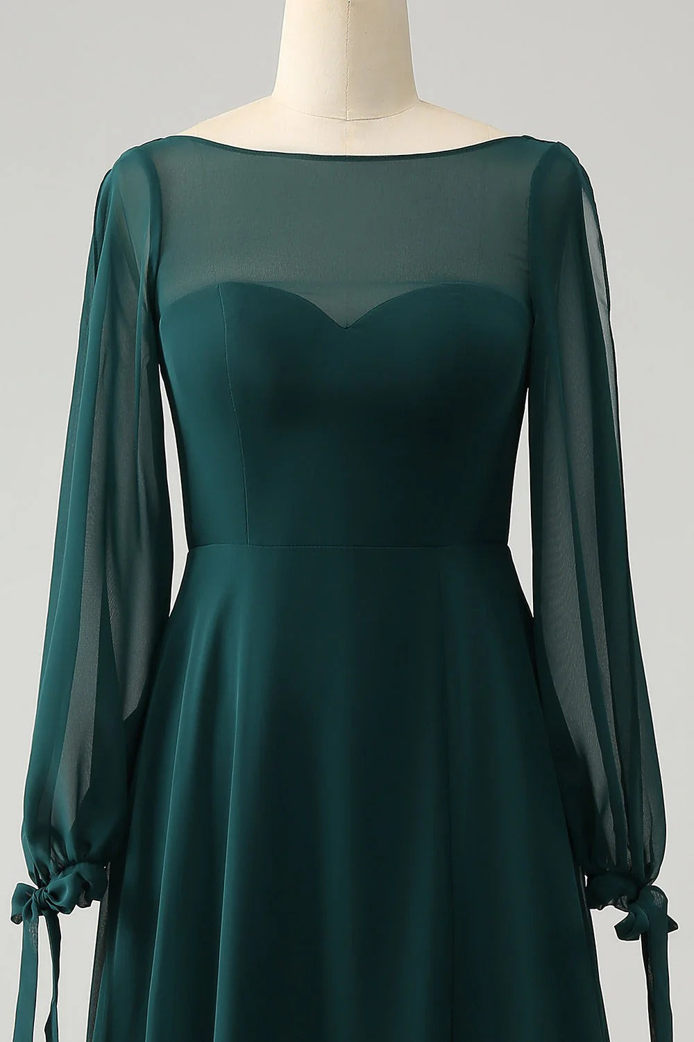 HEULORIA Dark Green Illusion Bateau Neck Evening Dress with Sheer Tie-Cuff Bishop Sleeves ED-255