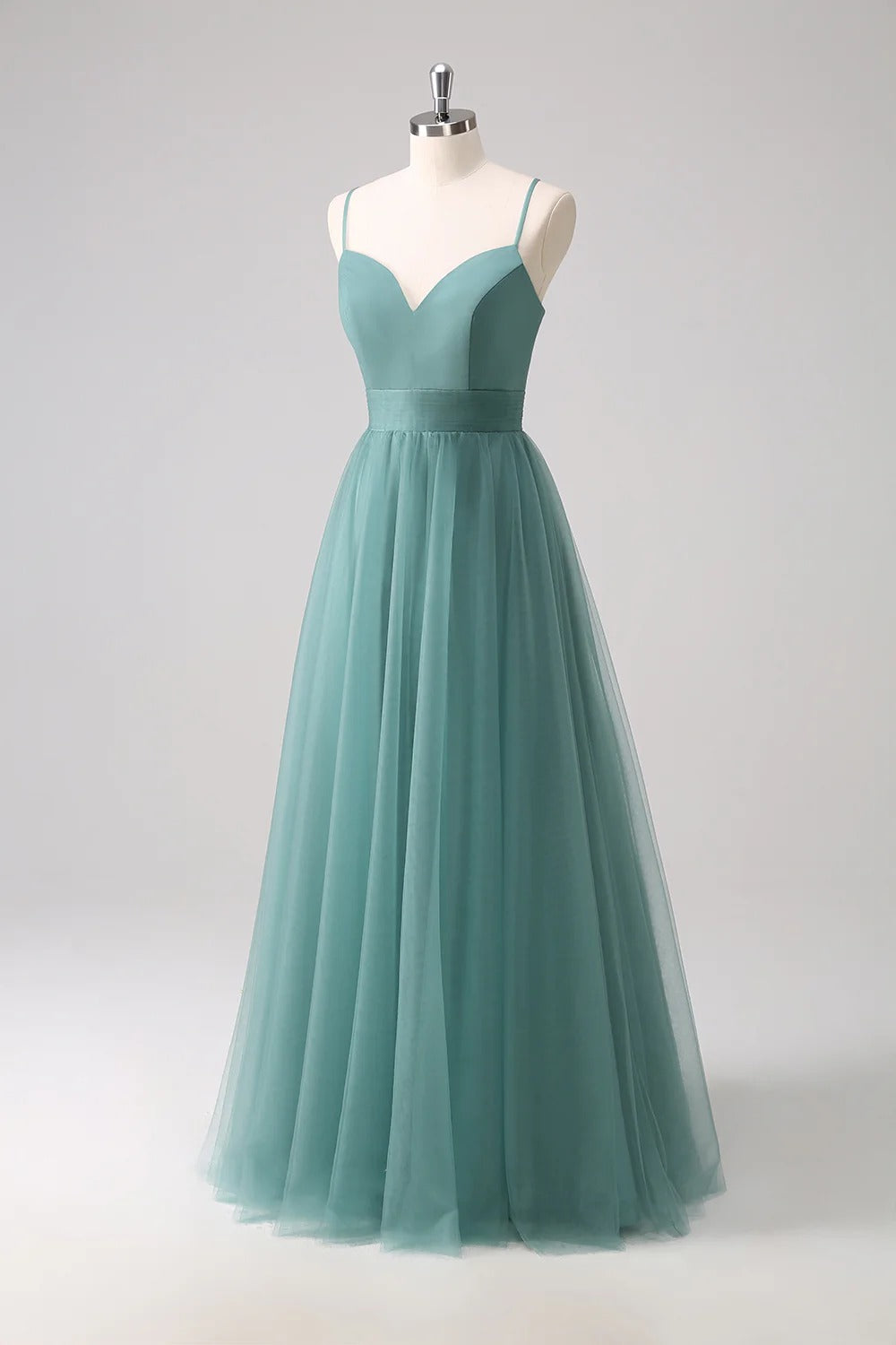 HEULORIA Eucalyptus Green Sweetheart Tulle Bridesmaid Dress with Cutout Back and Spaghetti Straps ED-247
