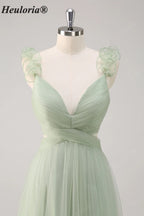 HEULORIA Romantic Dusty Sage Tiered Tulle V-Neck Prom Dress with Floral Ruffled Straps ED-561
