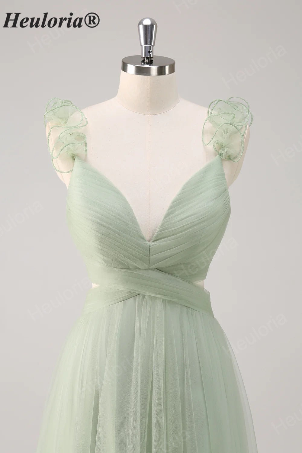 HEULORIA Romantic Dusty Sage Tiered Tulle V-Neck Prom Dress with Floral Ruffled Straps ED-561