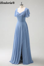 heuloria Dusty Blue Flutter Sleeve Bridesmaid Dress with Bow Back ed-528