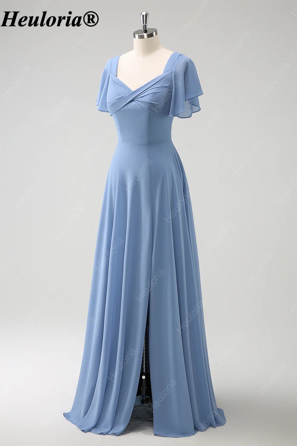 heuloria Dusty Blue Flutter Sleeve Bridesmaid Dress with Bow Back ed-528