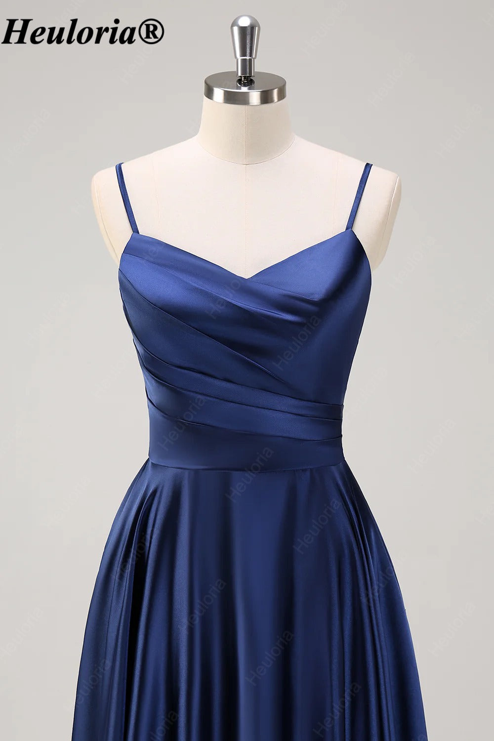 HEULORIA Navy Satin Midi Bridesmaid Dress with Pleated Bodice ED-529