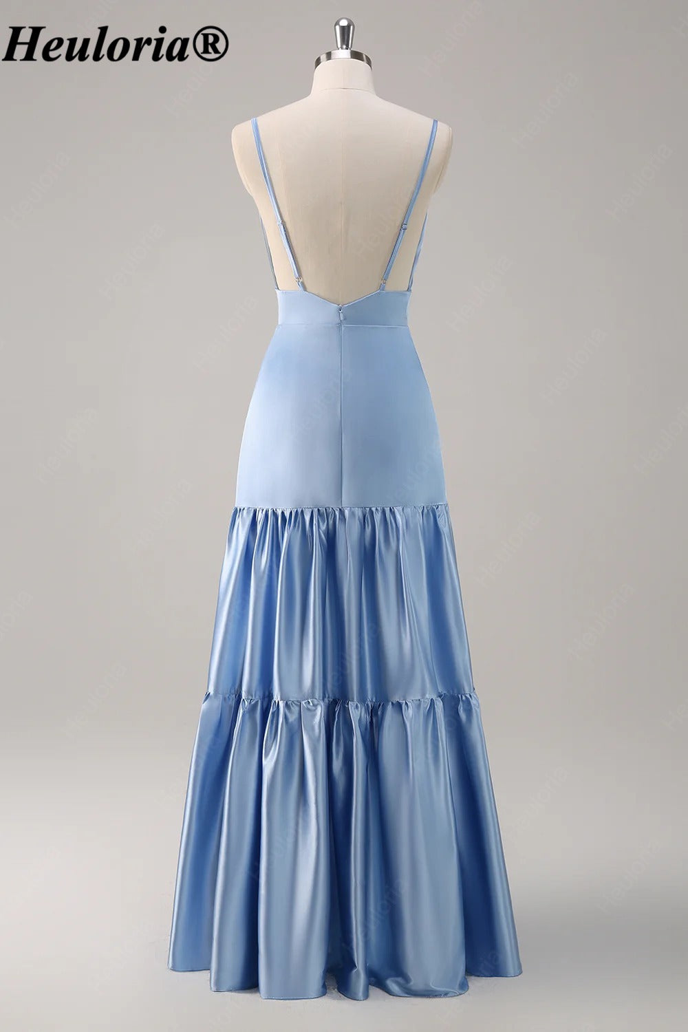 heuloria Sky Blue V-Neck Satin Bridesmaid Dress with Tiered Skirt ed-547