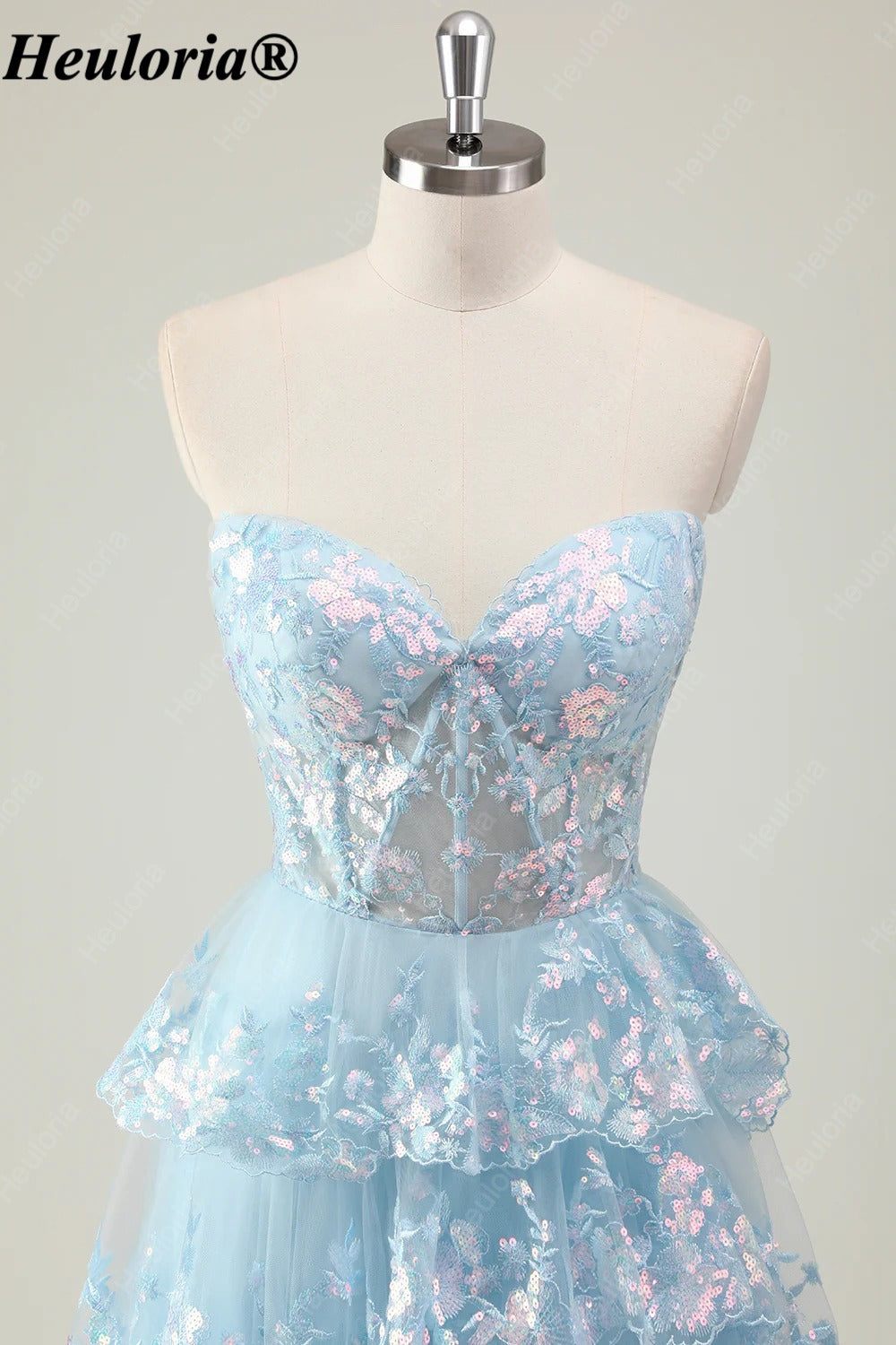 HEULORIA Strapless Sweetheart Floral Tiered Tulle Prom Dress ED-573