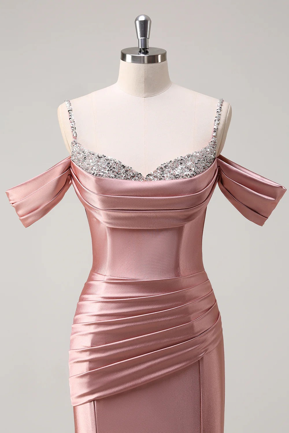 HEULORIA Elegant Ruched Satin Mermaid Evening Gown with Crystal Embellished Straps & Off-the-Shoulder Sleeves ED-349