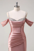 HEULORIA Elegant Ruched Satin Mermaid Evening Gown with Crystal Embellished Straps & Off-the-Shoulder Sleeves ED-349