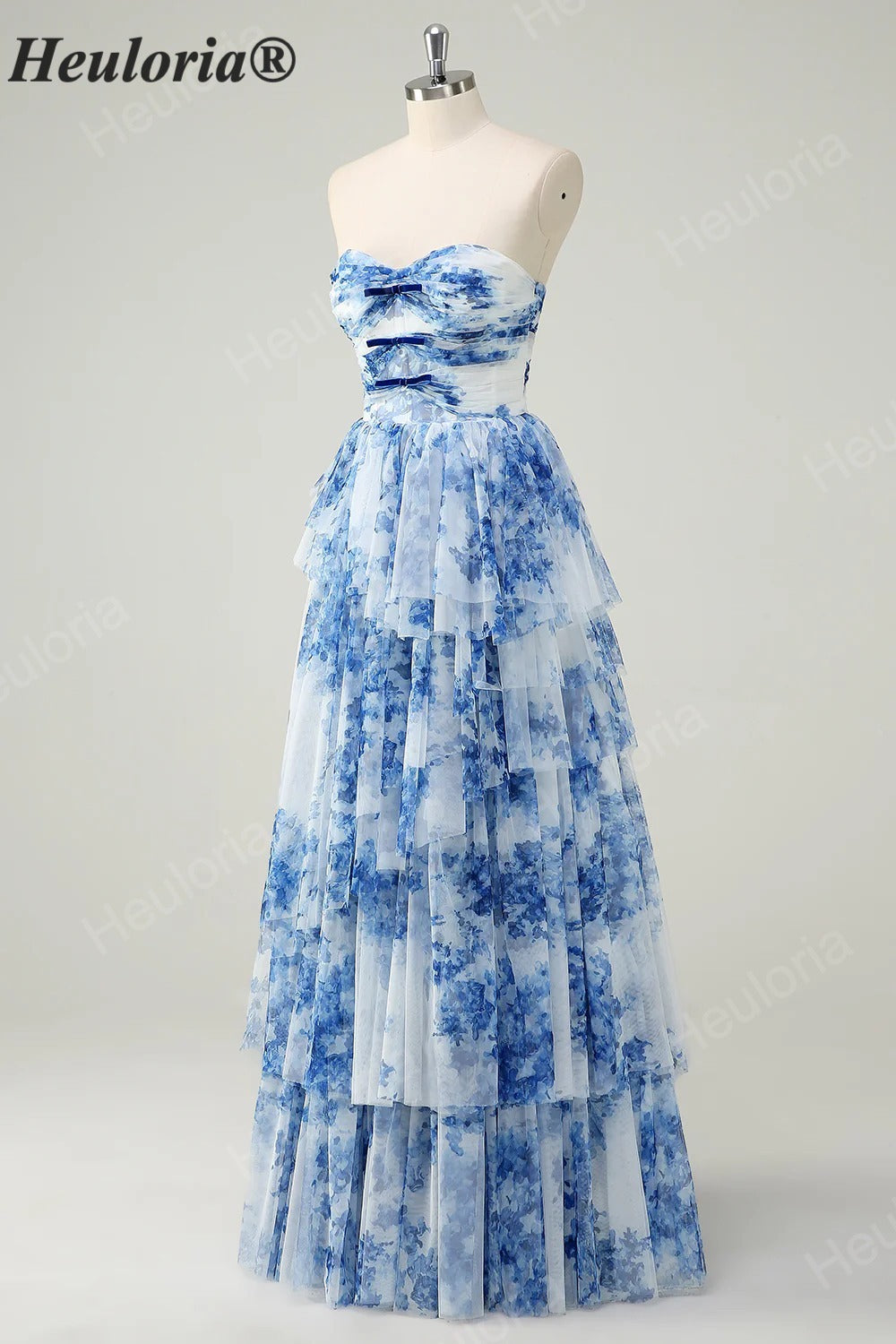 Heuloria Enchanted Garden Watercolor Floral Strapless Tiered Tulle Ball Gown with Velvet Bows ED-657