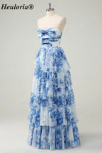 Heuloria Enchanted Garden Watercolor Floral Strapless Tiered Tulle Ball Gown with Velvet Bows ED-657
