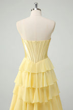 HEULORIA Strapless Corset Bodice Tiered Ruffle Evening Gown - Multi-Color prom dress ED-236