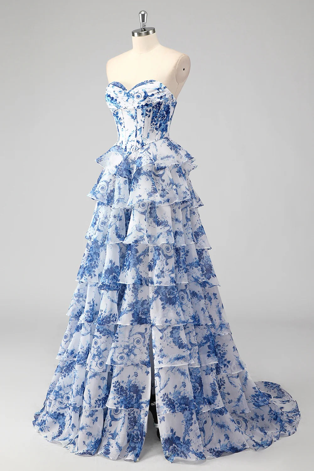 HEULORIA Vintage-Inspired Strapless Floral Gown: Sweetheart Corset Bodice Tiered Ruffle Evening Dress ED-233