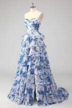 HEULORIA Vintage-Inspired Strapless Floral Gown: Sweetheart Corset Bodice Tiered Ruffle Evening Dress ED-233