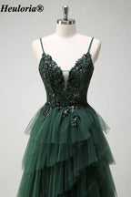 HEULORIA Dark Green Sequin Lace Tiered Tulle Prom Dress ED-576
