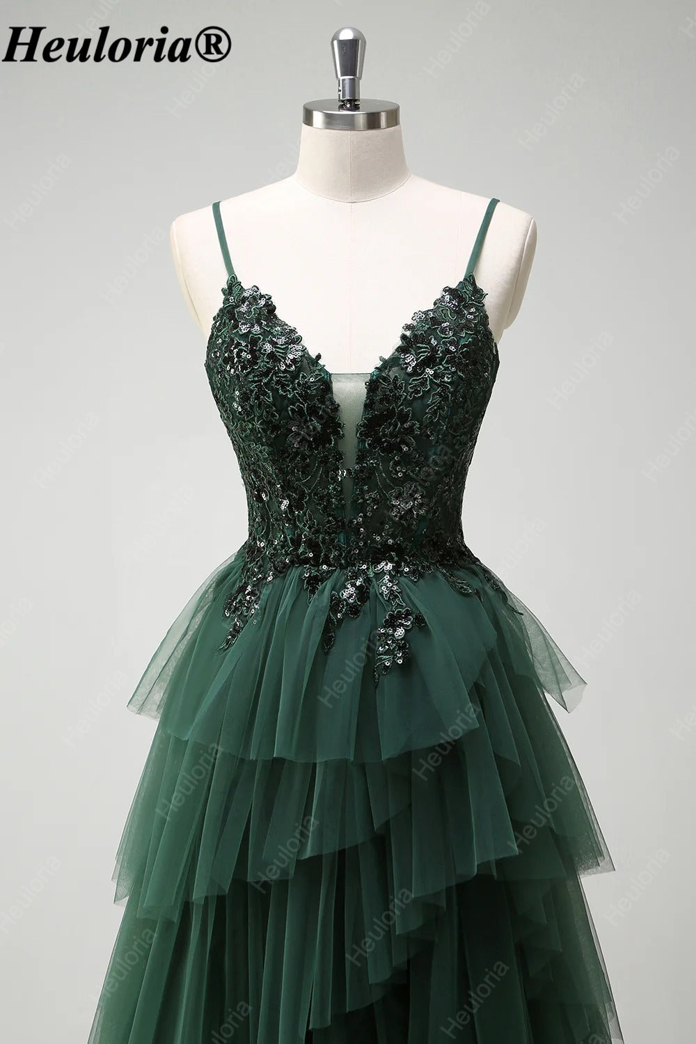 HEULORIA Dark Green Sequin Lace Tiered Tulle Prom Dress ED-576
