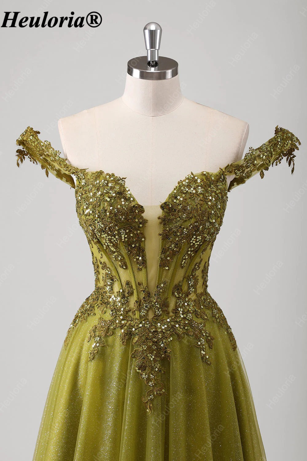 HEULORIA Olive Green Off-Shoulder Sequin Lace Tulle Prom Dress ED-574