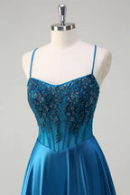 HEULORIA Luxurious Peacock Blue Beaded Evening Gown: Illusion Corset Bodice A-Line Satin Prom Dress with Lace-up Back ED-370